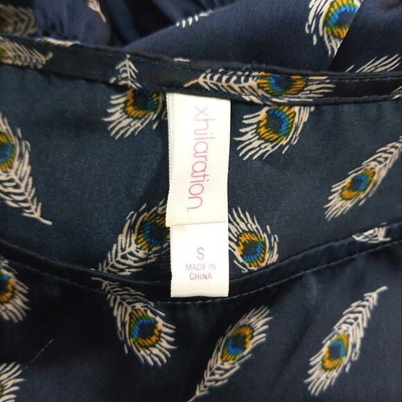 Bohemian peacock feather satiny smocked top S - Picture 7 of 8